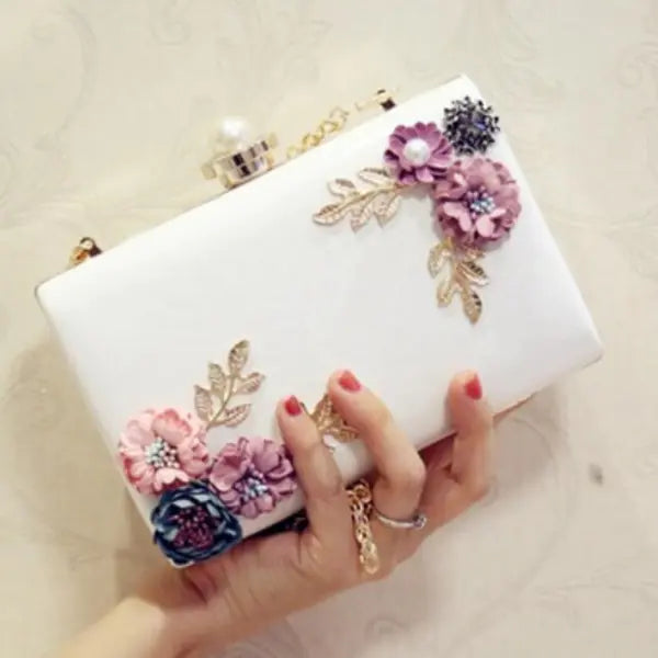 Women's Leather Evening Bag - Floral Clutch Purse