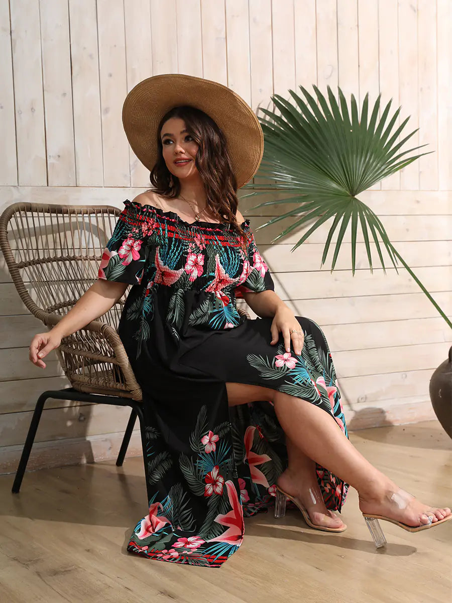 Plus Size Tropical Print Off Shoulder Maxi Dress
