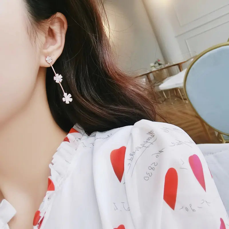 Long Rhinestone Snowflake Earrings with 925 Silver Pins