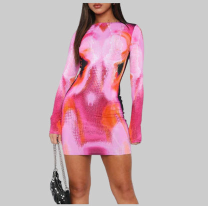 Fashion Printed Slim Fit Round Neck Long Sleeve Dress