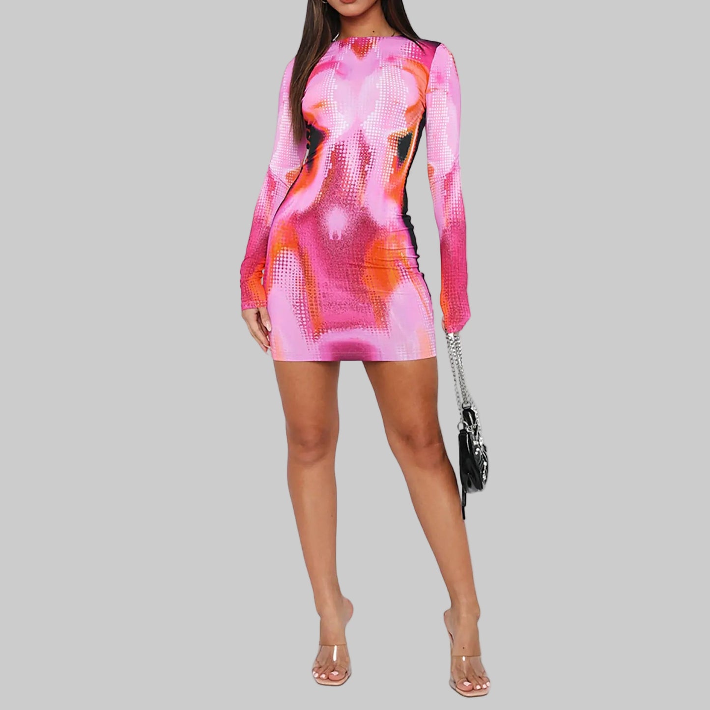 Fashion Printed Slim Fit Round Neck Long Sleeve Dress