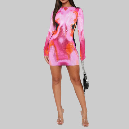 Fashion Printed Slim Fit Round Neck Long Sleeve Dress