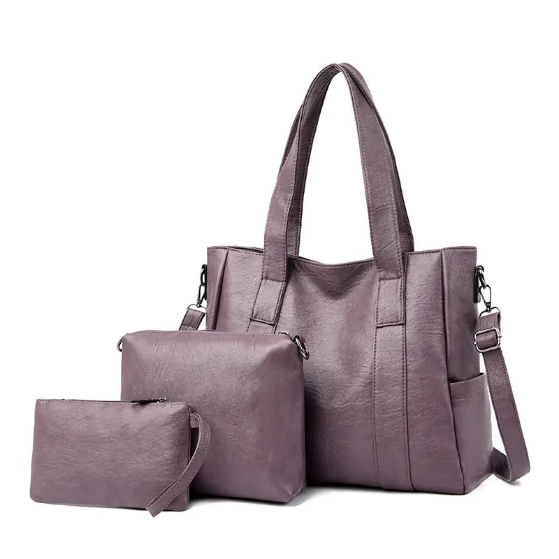 Classic Solid Color Faux Leather Bag Set (Large Capacity)