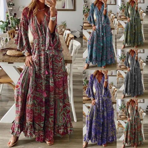 Bohemian Beach Maxi Dress with Floral Print for Women