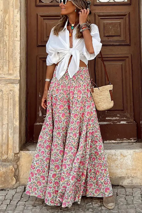 2023 Summer Floral Maxi Skirt with Elastic Waist