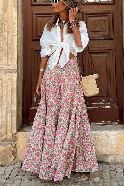 2023 Summer Floral Maxi Skirt with Elastic Waist