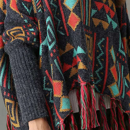 Plus Size Women's Batwing Sweater with Fringe Knit