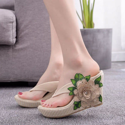 Embroidered Floral Platform Roman Wedge Sandals