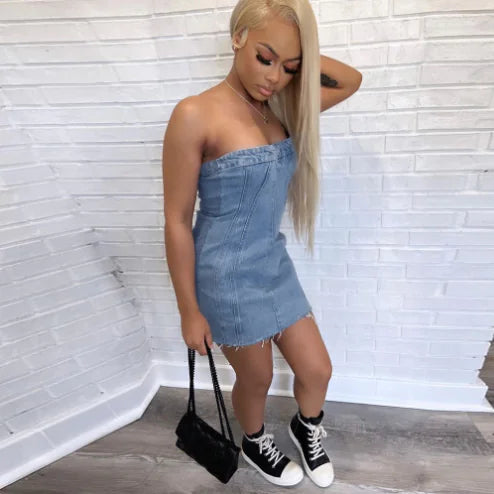 "Sexy Backless Strapless Denim Dress"