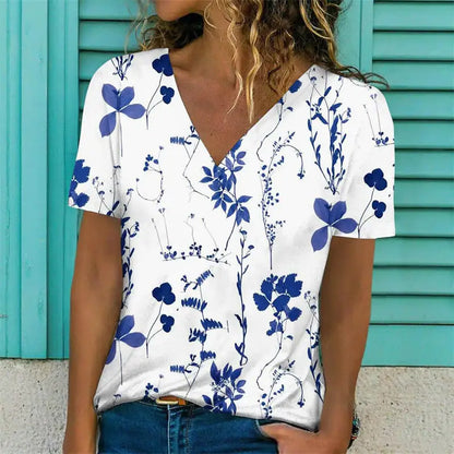 Women's V-Neck Short Sleeve Flower Print T-Shirt