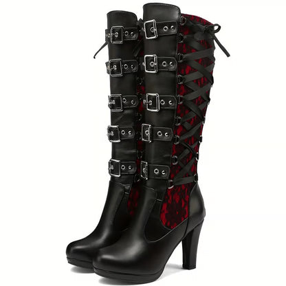 Gothic Lace Knee-High Boots with Buckle Straps