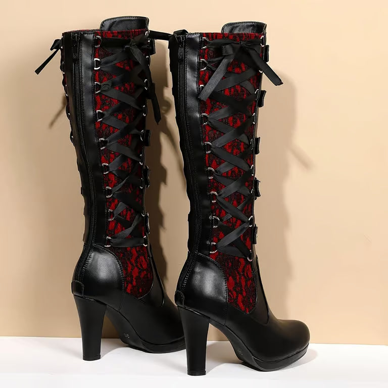 Gothic Lace Knee-High Boots with Buckle Straps