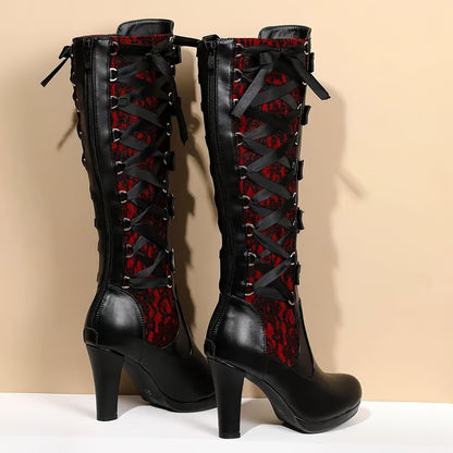 Gothic Lace Knee-High Boots with Buckle Straps