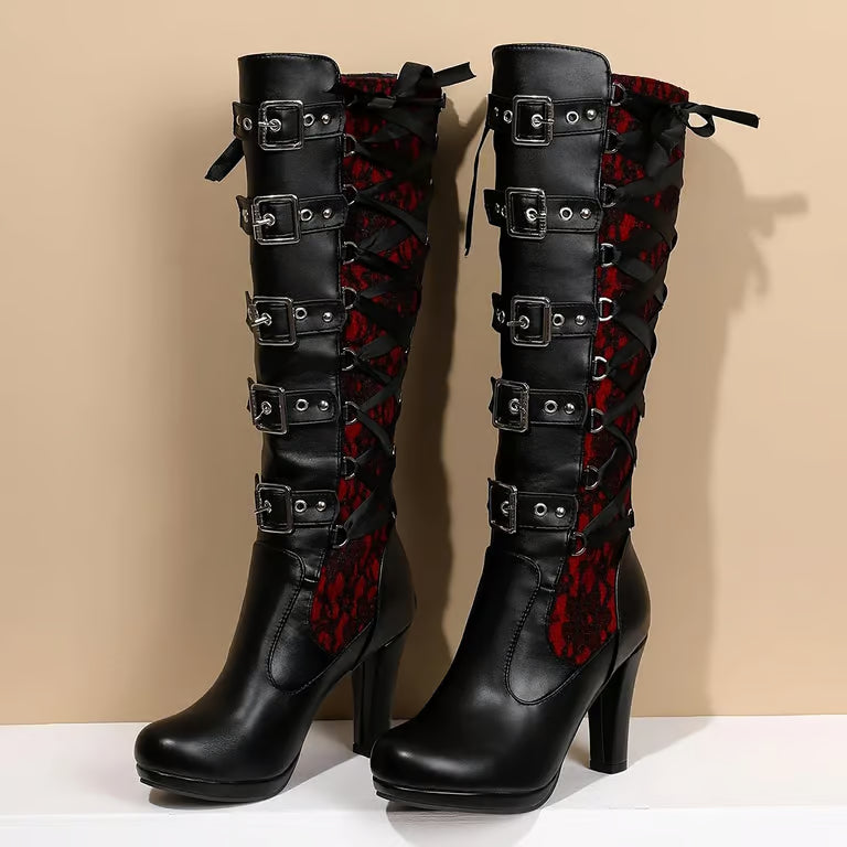 Gothic Lace Knee-High Boots with Buckle Straps