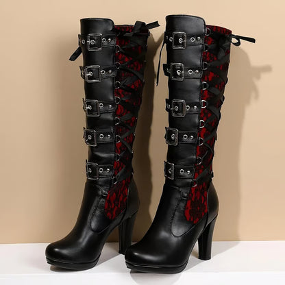 Gothic Lace Knee-High Boots with Buckle Straps