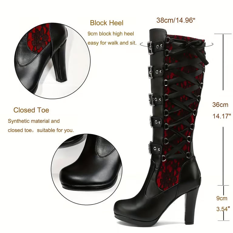 Gothic Lace Knee-High Boots with Buckle Straps