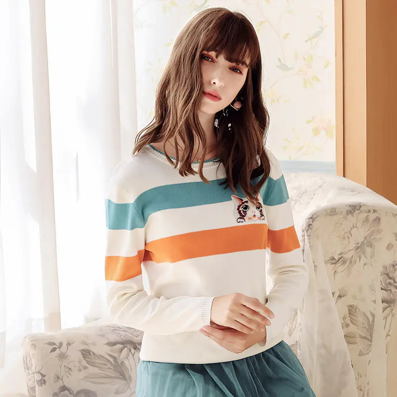 Cartoon Striped Knit Top - Women's Basic Style