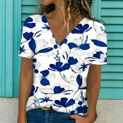 Women's V-Neck Short Sleeve Flower Print T-Shirt
