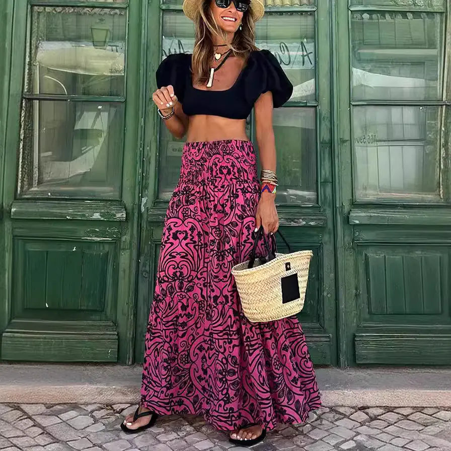 2023 Summer Floral Maxi Skirt with Elastic Waist