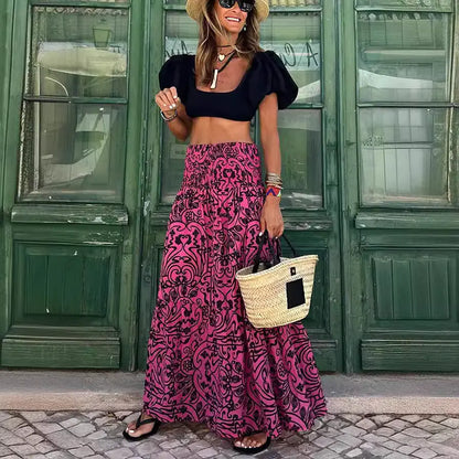 2023 Summer Floral Maxi Skirt with Elastic Waist