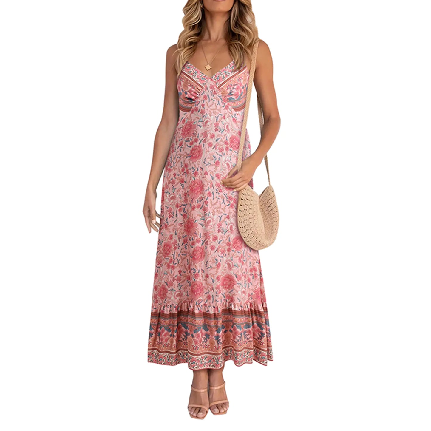Damen lässiges Boho Blumen V-Ausschnitt Sommerkleid