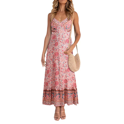 Damen lässiges Boho Blumen V-Ausschnitt Sommerkleid