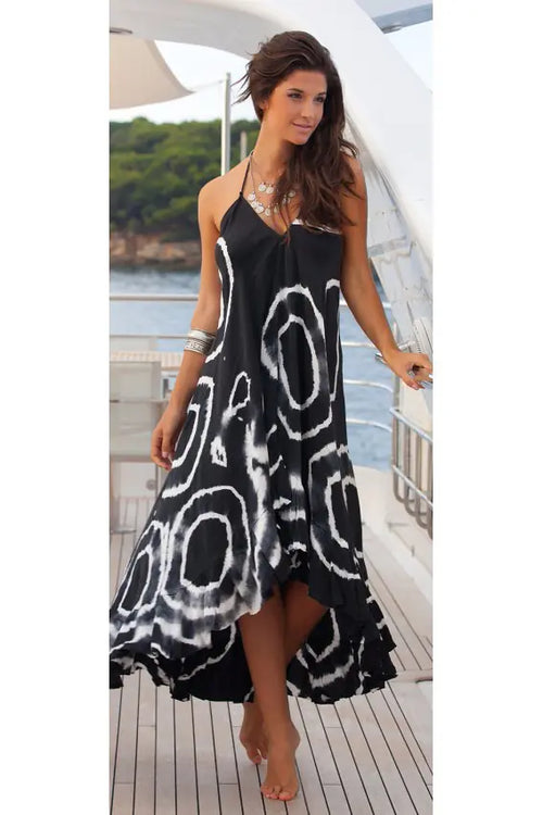 Deep V-Neck Floral Print Asymmetrical Maxi Dress