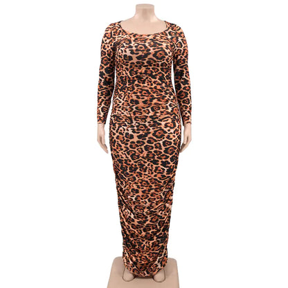 Elegant Plus Size Leopard Bodycon Maxi Dress for Fall