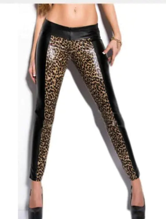 New Leopard Print Black Faux Leather Leggings