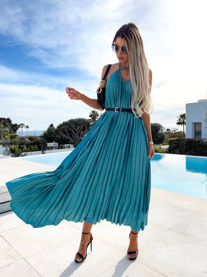 Bohemian Pleated Maxi Dress with Belt