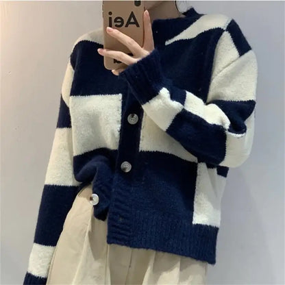 Loose Checkered Sweater Coat for Women