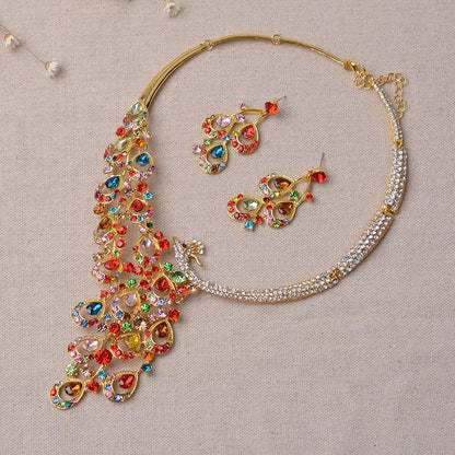 Bridal Jewelry Set with Peacock Rhinestone Necklace and Earrings