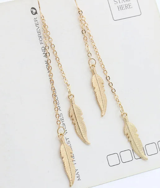 Trendy Leaf Earrings with Tassel Chain and Feathers