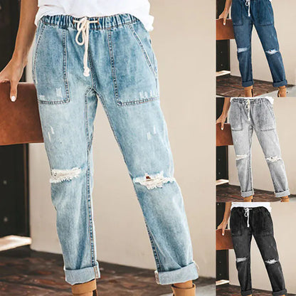 Women's Straight Ripped Jeans with Drawstring and Pockets