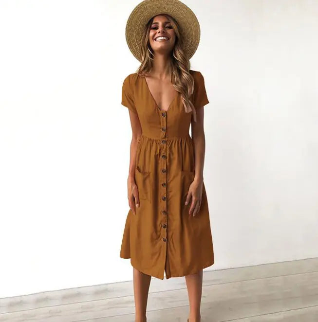 V-Neck Button Dress with Pockets