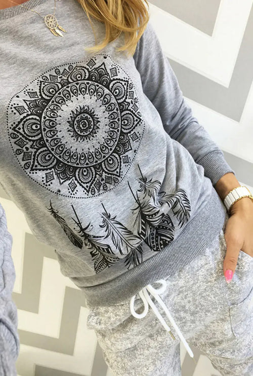 Women's Long Sleeve Round Neck Printed Sweater