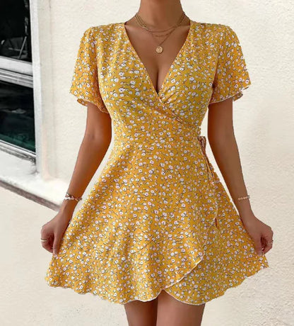 Sommerliches bedrucktes V-Ausschnitt-Kleid – Neuer Kurzarm-Stil