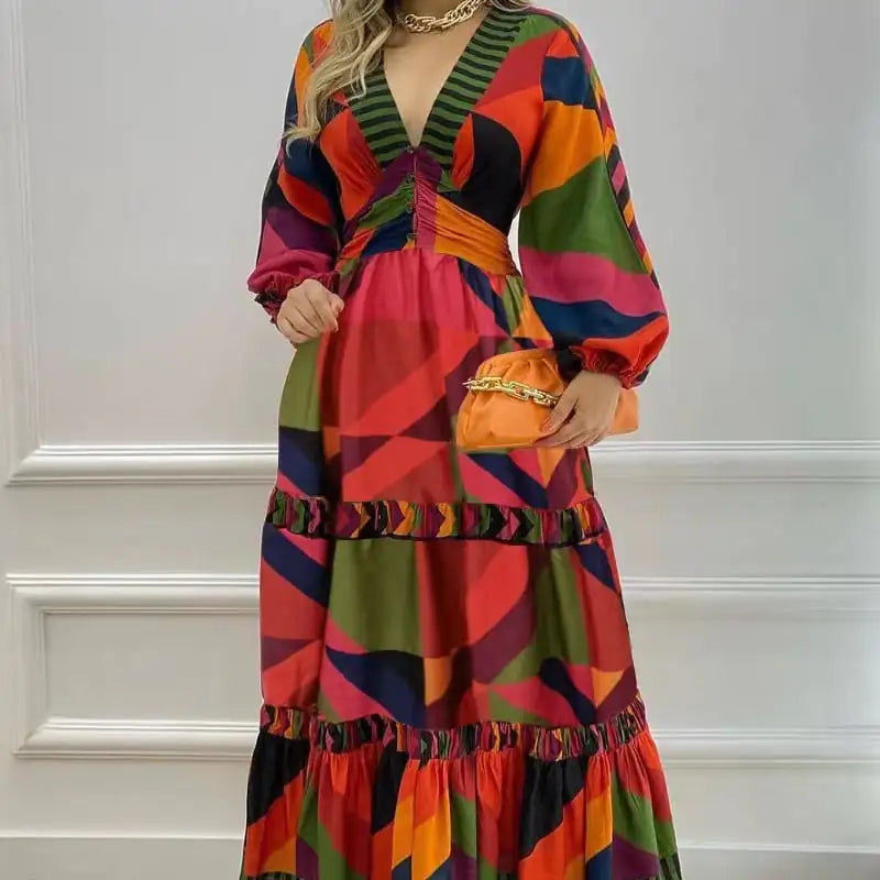 Fall Long Printed V-Neck Dress