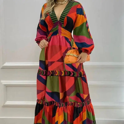 Fall Long Printed V-Neck Dress