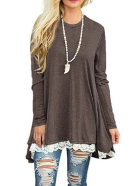 Lace Trim Round Neck Long Sleeve T-Shirt - Trendy Attic Store01
