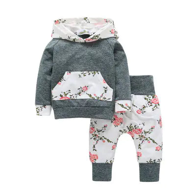 Floral Hooded Two-Piece Set for Baby Girls