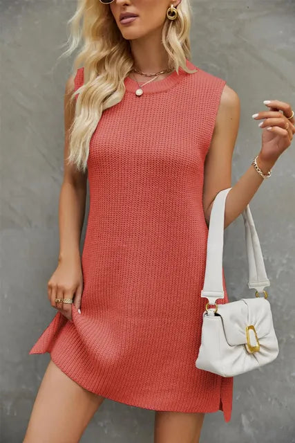 Women's Solid Color Round Neck Knit Dress with Slit - Trendy Attic Store01
