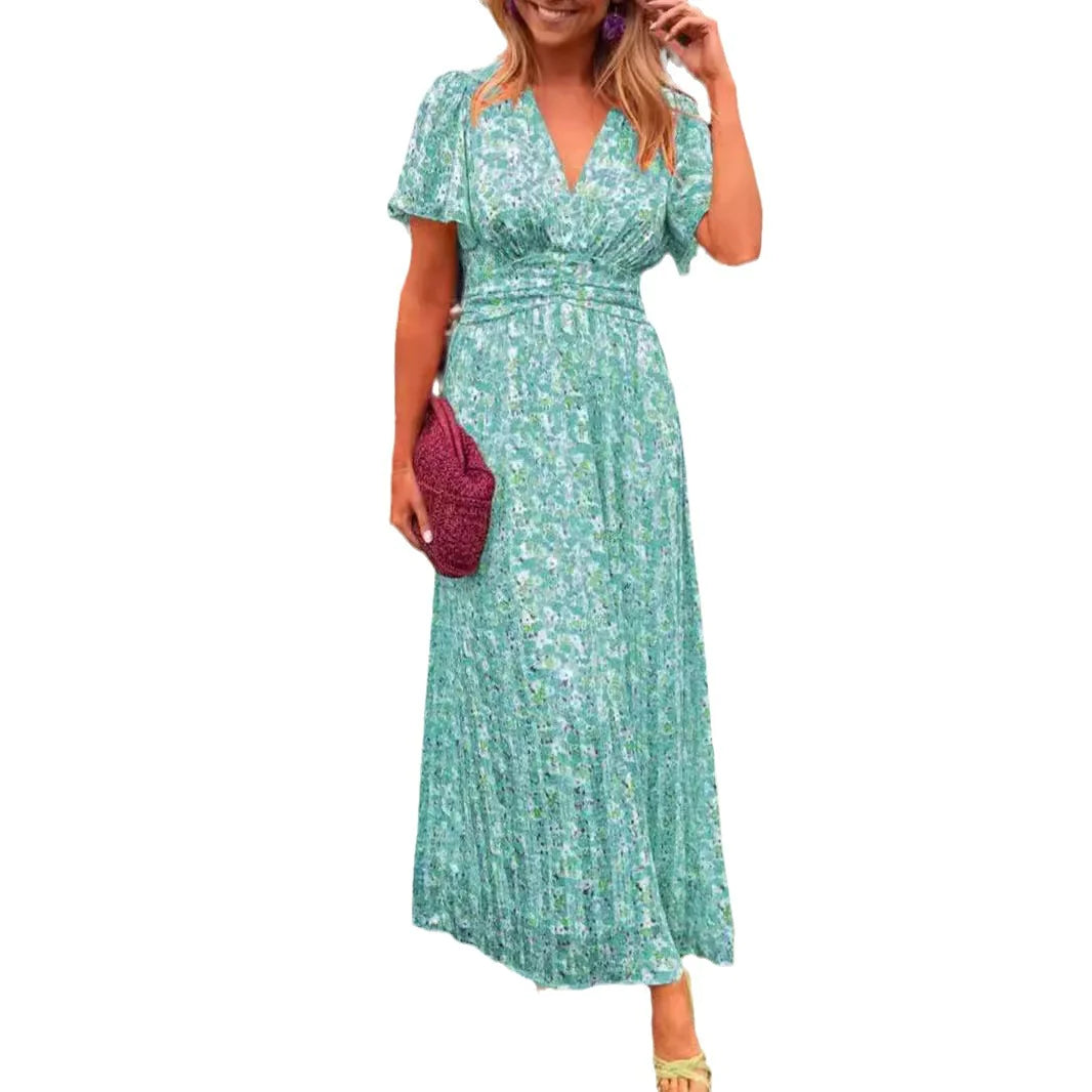 Printed Waist-Cinched V-Neck Dress