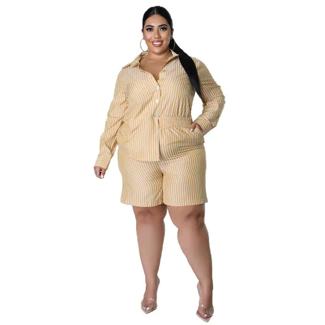 Plus Size Summer Two Piece Set for Women - Striped Shirt