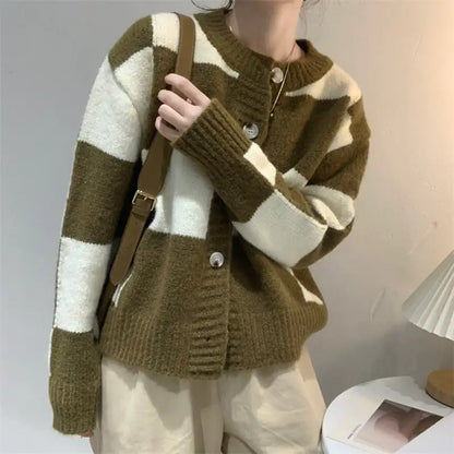 Loose Checkered Sweater Coat for Women