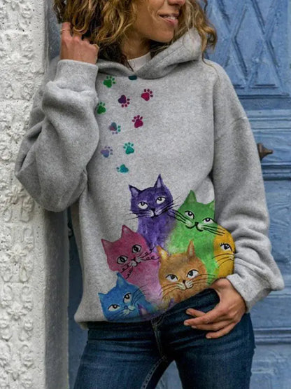 Hooded Long Sleeve Casual Digital Print Sweater for Women