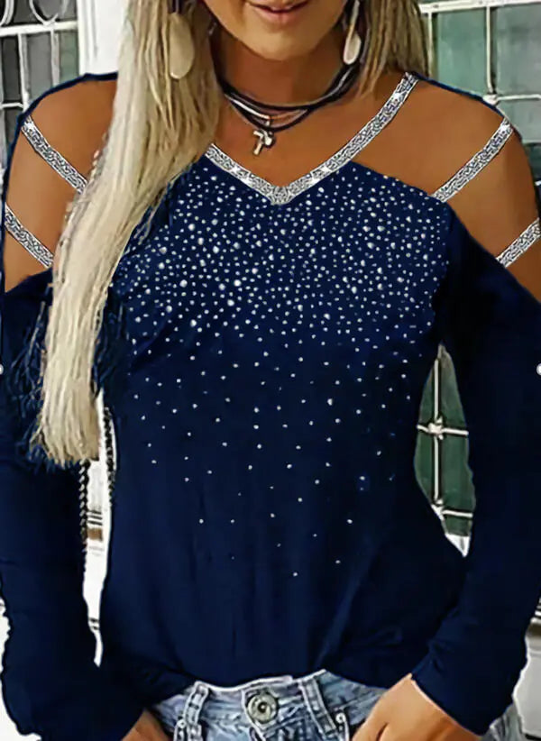 Multicolor Women's Long Sleeve V-Neck Rhinestone Top