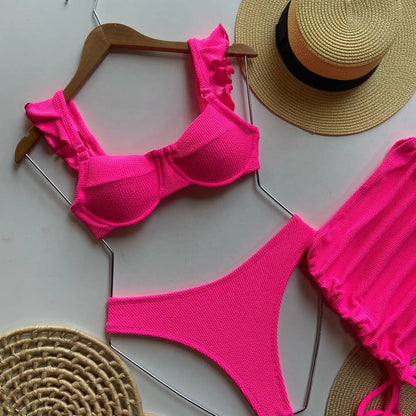Women's Solid Color Three-Piece Bikini Set