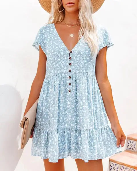 V-Neck Button Floral Short Sleeve Casual Dress - Trendy Attic Store01