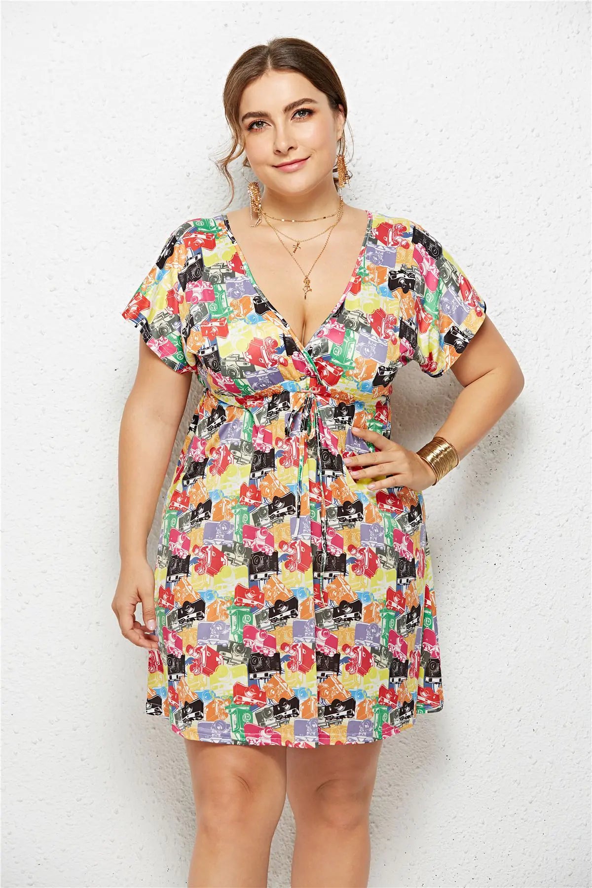 Printed Deep V-Neck Dress with Elastic Waist - Trendy Attic Store01